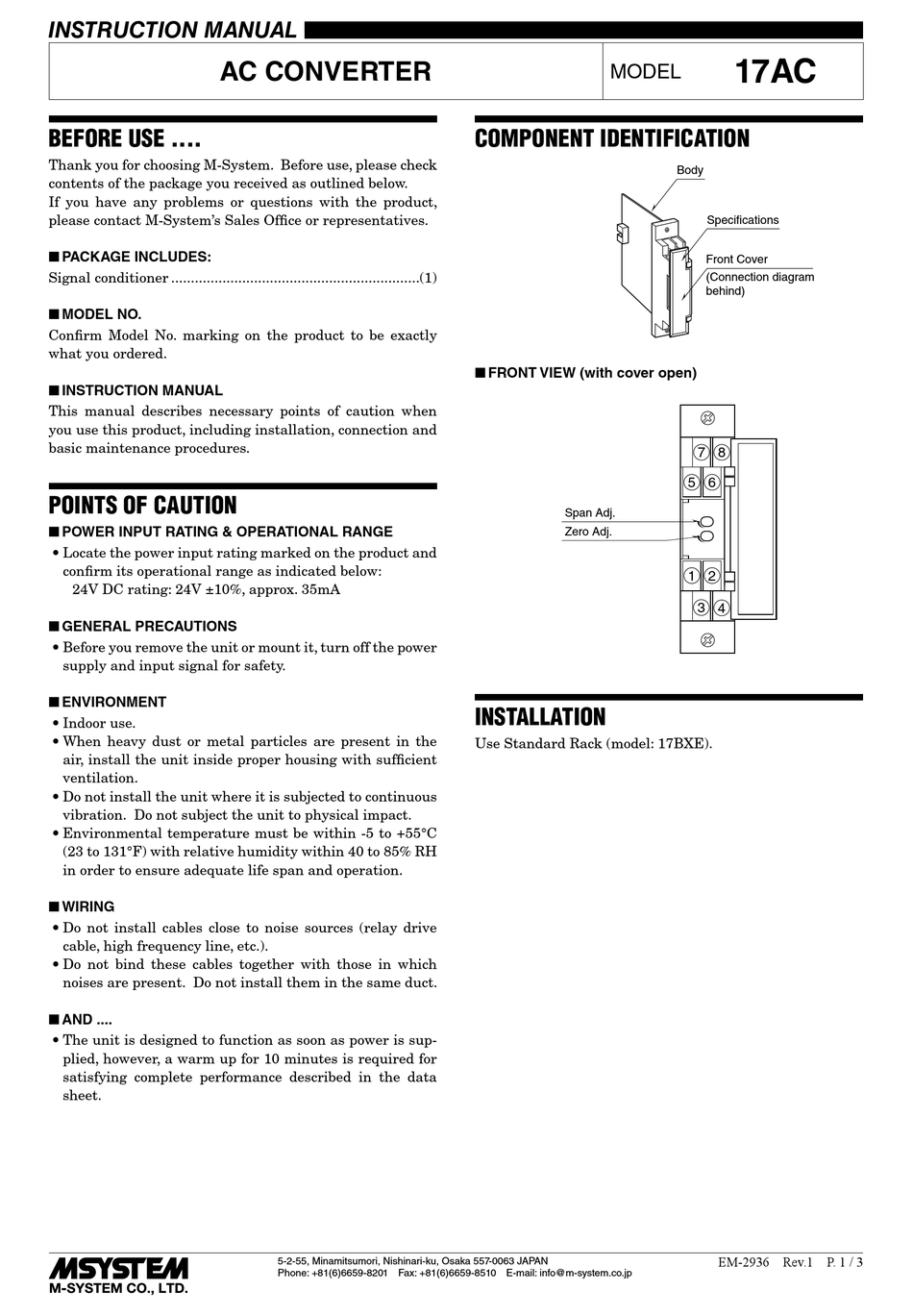M-SYSTEM 17AC INSTRUCTION MANUAL Pdf Download | ManualsLib