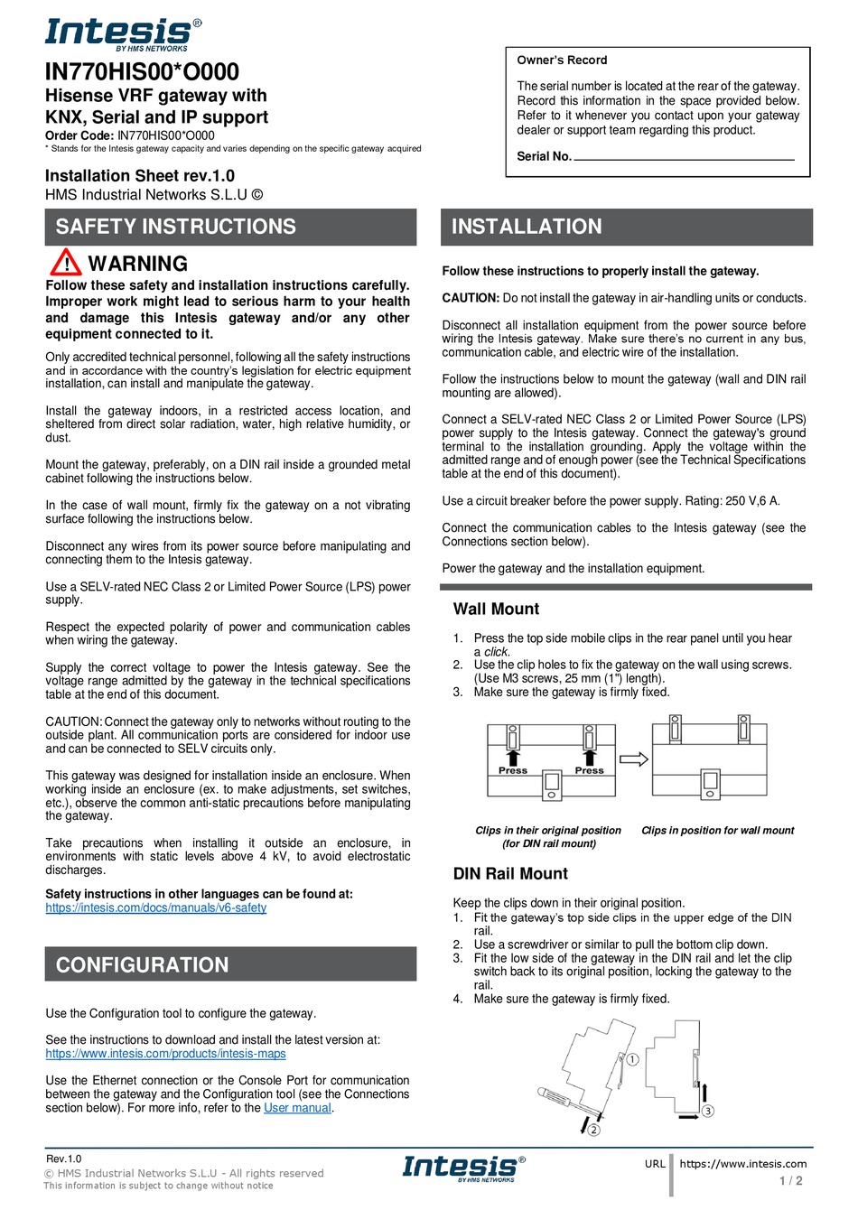 HMS NETWORKS INTESIS IN770HIS00 O000 SERIES INSTALLATION SHEET Pdf ...