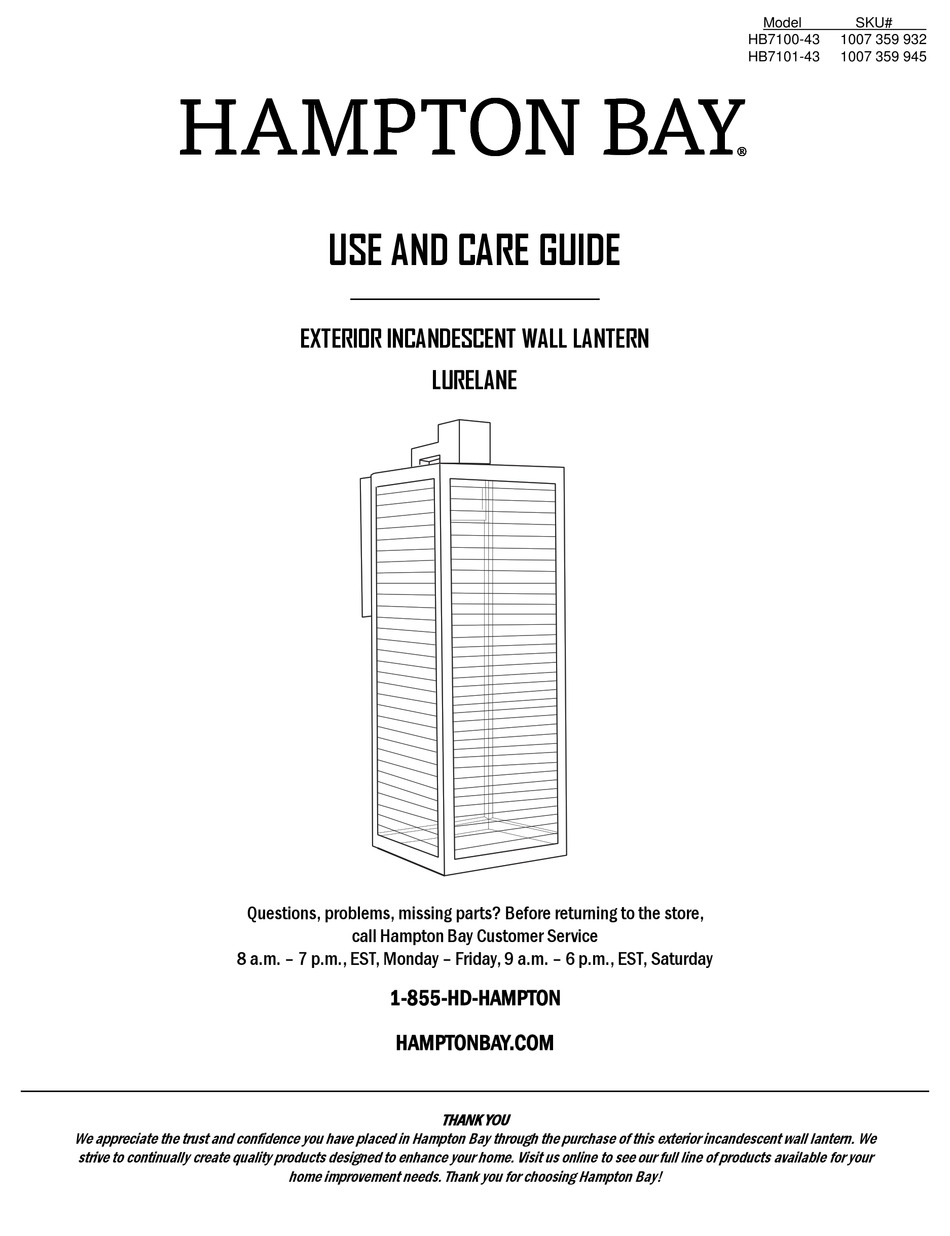 HAMPTON BAY LURELANE HB710043 USE AND CARE MANUAL Pdf Download