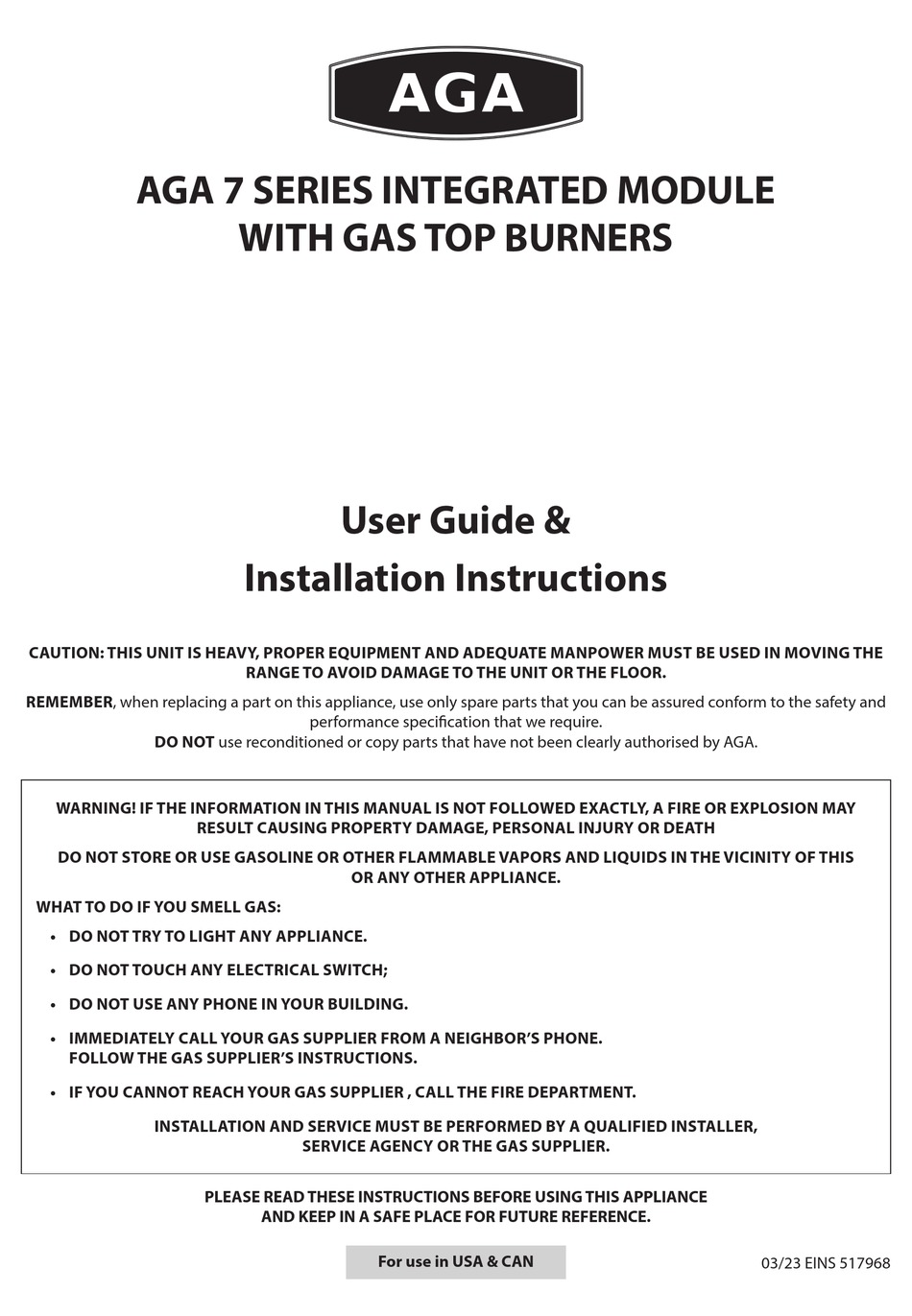 AGA 7 SERIES USER'S MANUAL & INSTALLATION INSTRUCTIONS Pdf Download ManualsLib