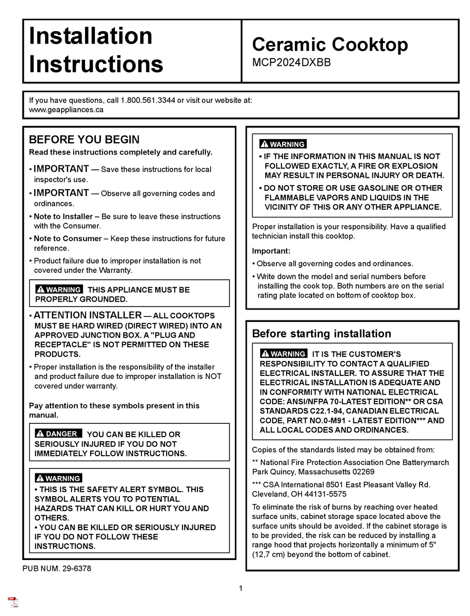 GE MOFFAT MCP2024DXBB INSTALLATION INSTRUCTIONS MANUAL Pdf Download