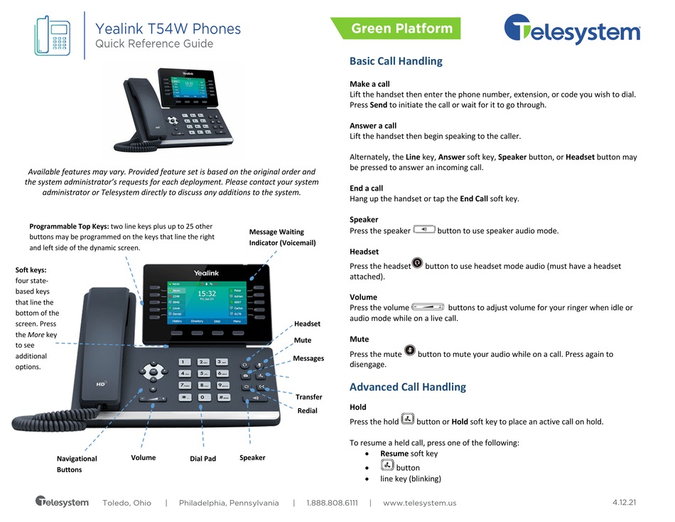 TELESYSTEM YEALINK T54W QUICK REFERENCE MANUAL Pdf Download ManualsLib