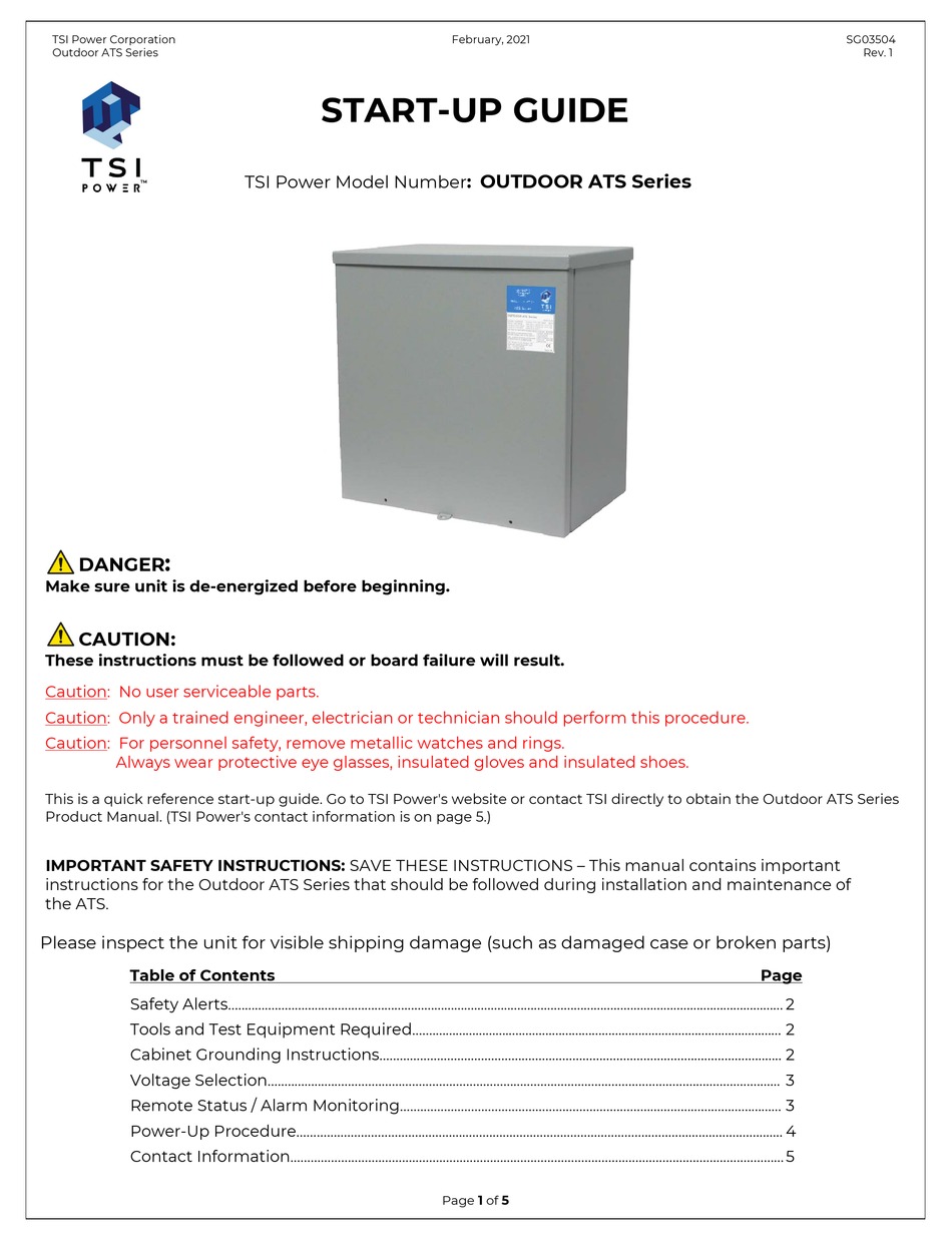 TSI POWER OUTDOOR ATS SERIES STARTUP MANUAL Pdf Download | ManualsLib