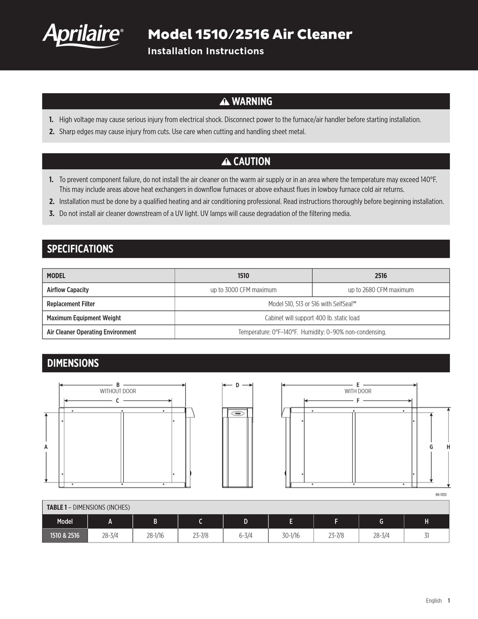 APRILAIRE 1510 INSTALLATION INSTRUCTIONS MANUAL Pdf Download ManualsLib