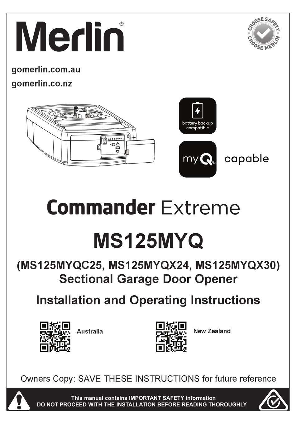 MERLIN COMMANDER EXTREME MS125MYQ SERIES INSTALLATION AND OPERATING
