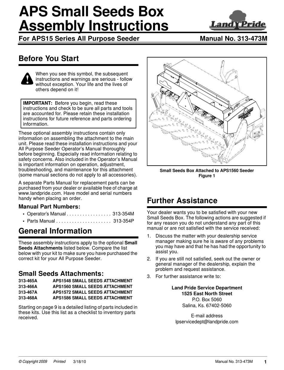 LAND PRIDE APS15 SERIES ASSEMBLY INSTRUCTIONS MANUAL Pdf Download