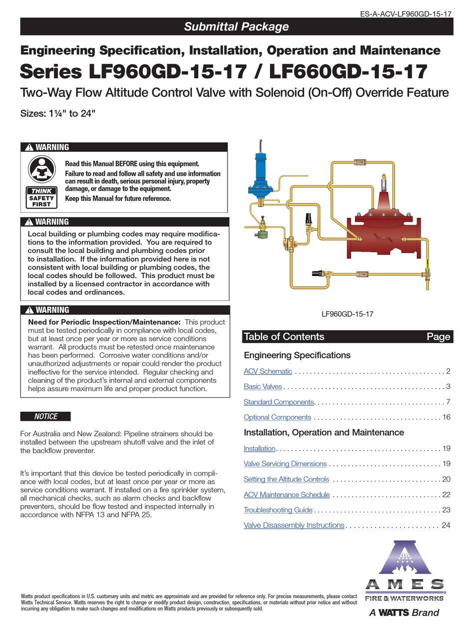 WATTS AMES M SERIES INSTALLATION, OPERATION AND MAINTENANCE MANUAL Pdf ...