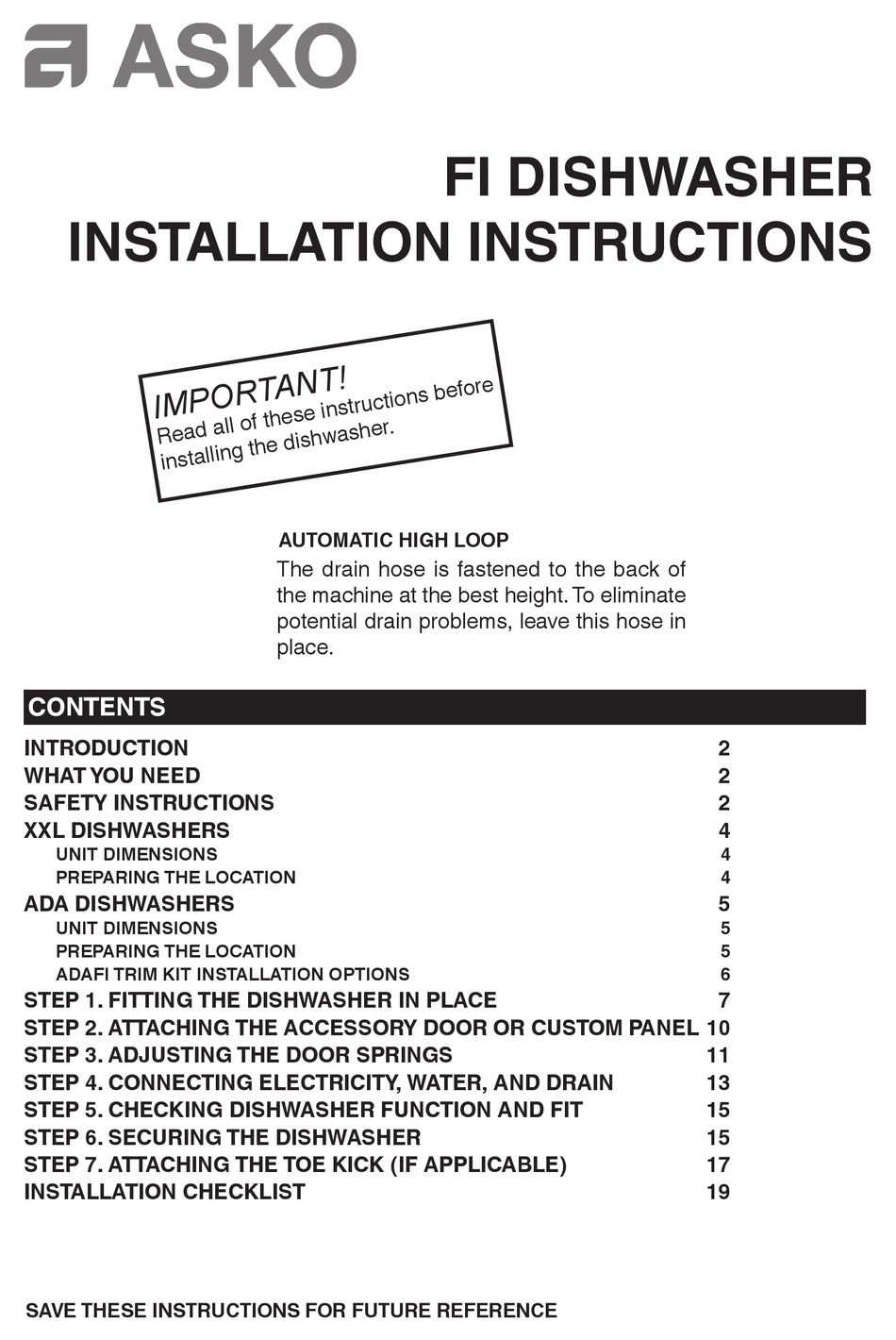 ASKO D5894XXLFI INSTALLATION INSTRUCTIONS MANUAL Pdf Download ManualsLib