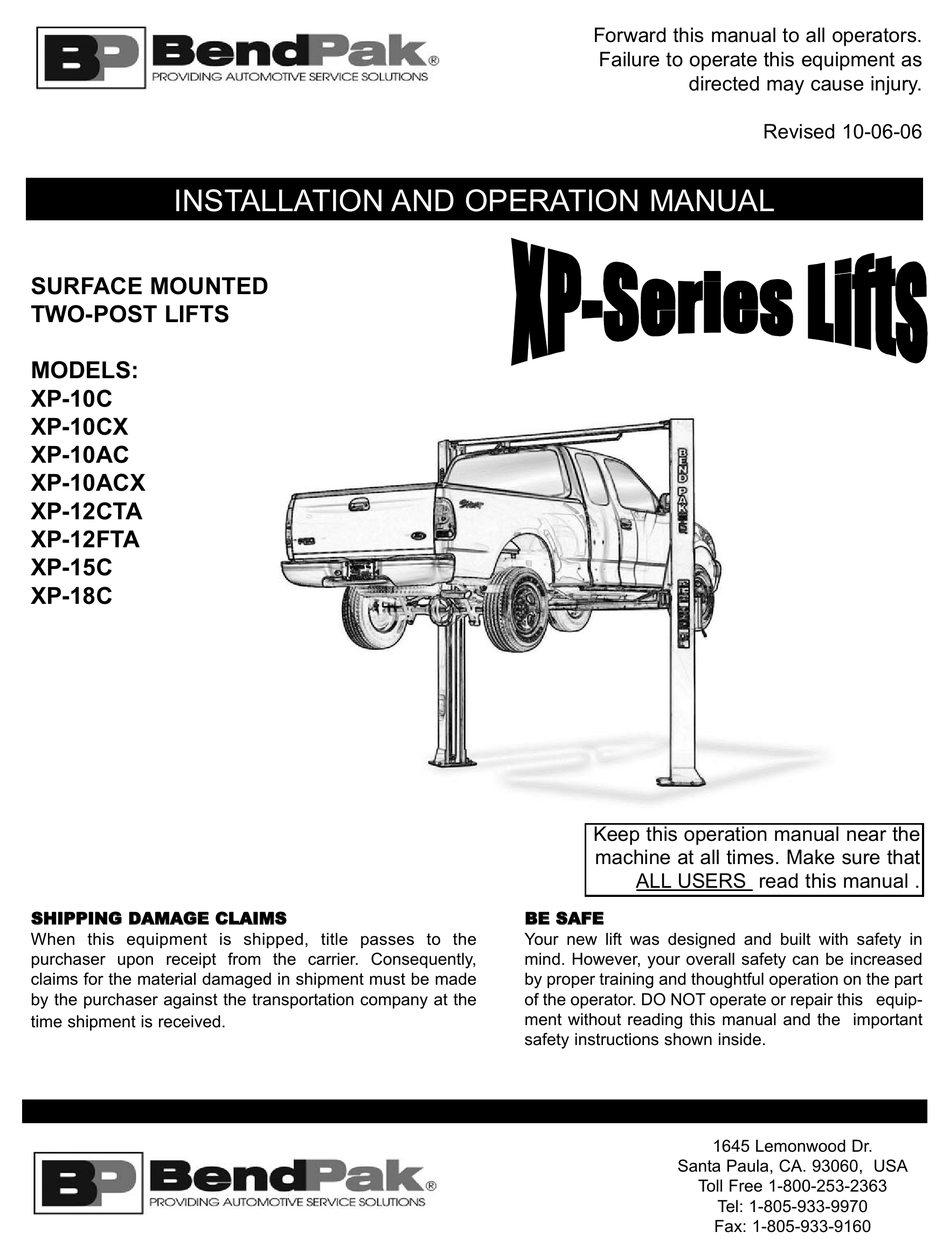 BENDPAK XP SERIES INSTALLATION AND OPERATION MANUAL Pdf Download
