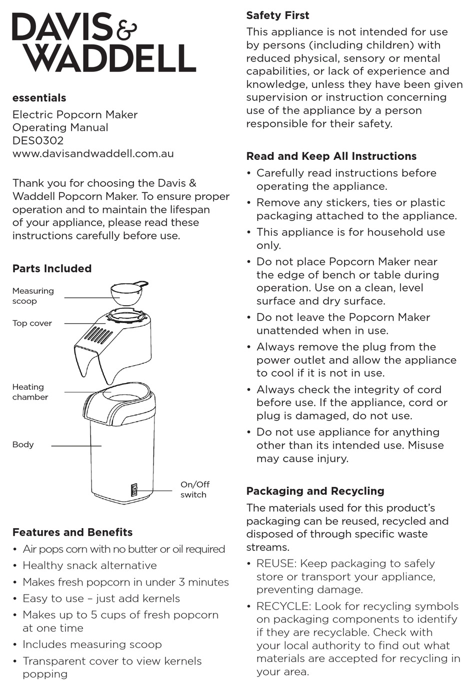 DAVIS & WADDELL ESSENTIALS DES0302 OPERATING MANUAL Pdf Download