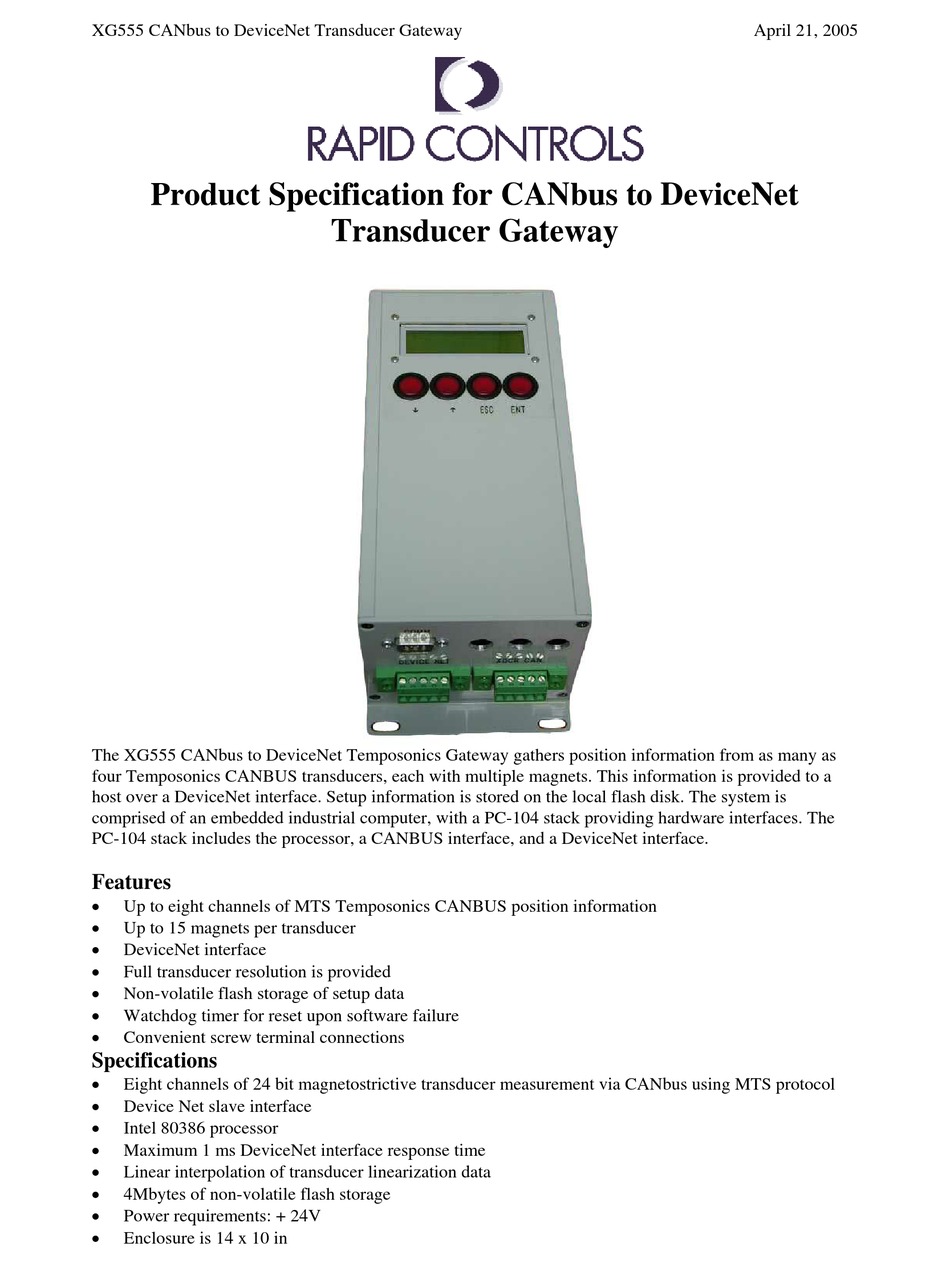 RAPID CONTROLS XG555 PRODUCT SPECIFICATION Pdf Download ManualsLib