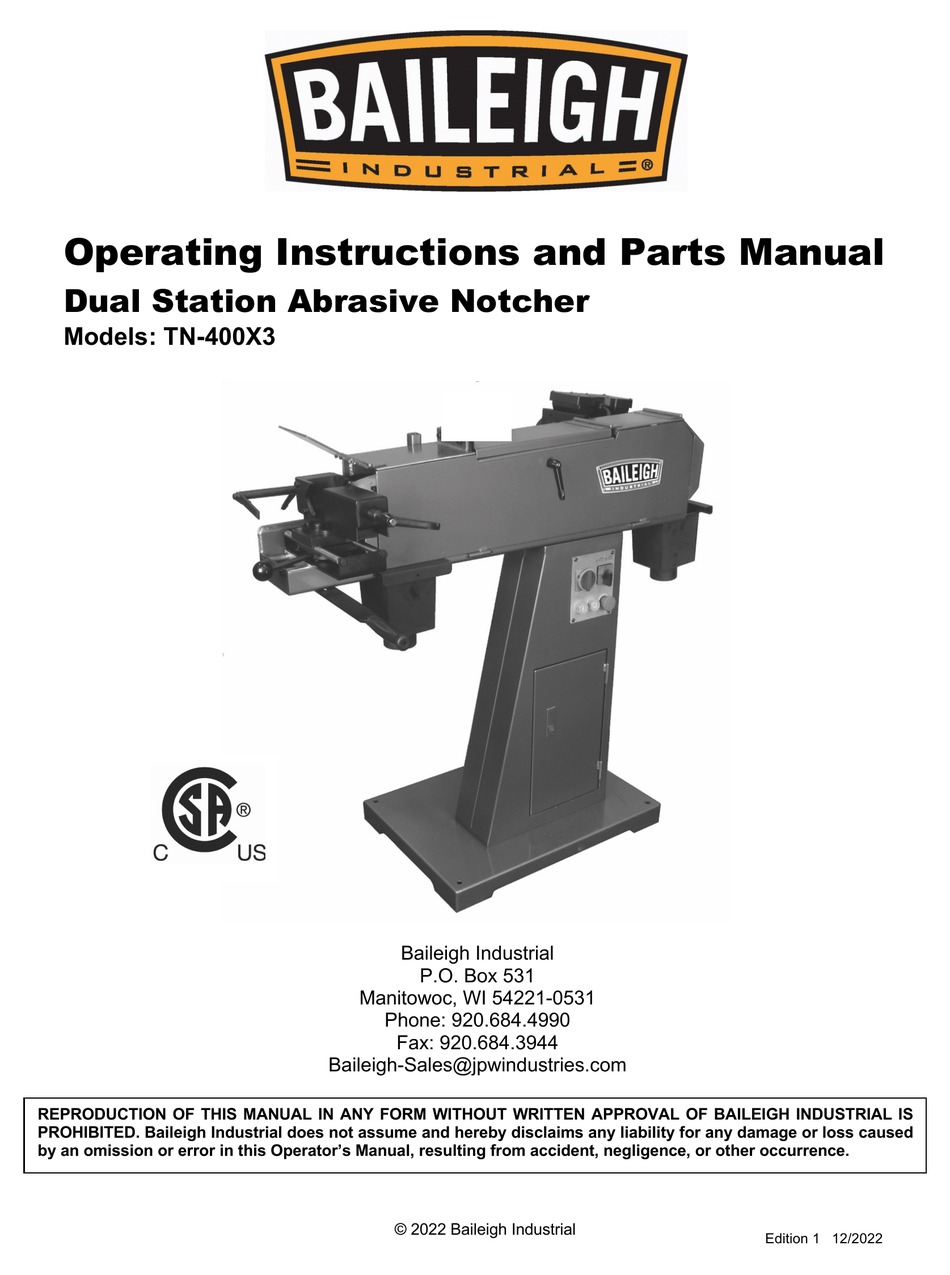 BAILEIGH TN400X3 OPERATING INSTRUCTIONS AND PARTS MANUAL Pdf Download