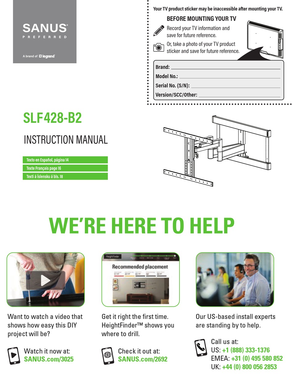 SANUS SLF428B2 INSTRUCTION MANUAL Pdf Download ManualsLib