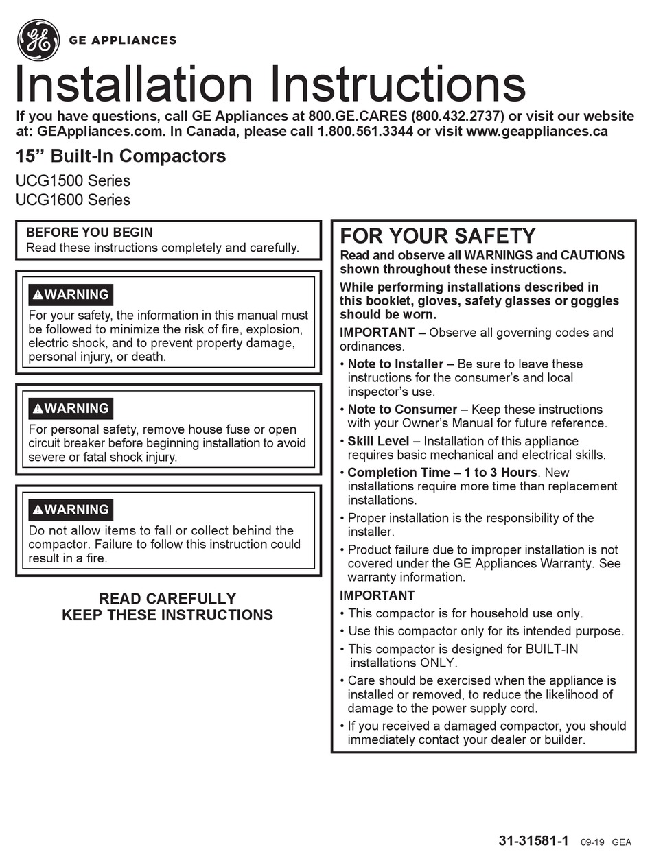 GE UCG1520NSS INSTALLATION INSTRUCTIONS MANUAL Pdf Download ManualsLib
