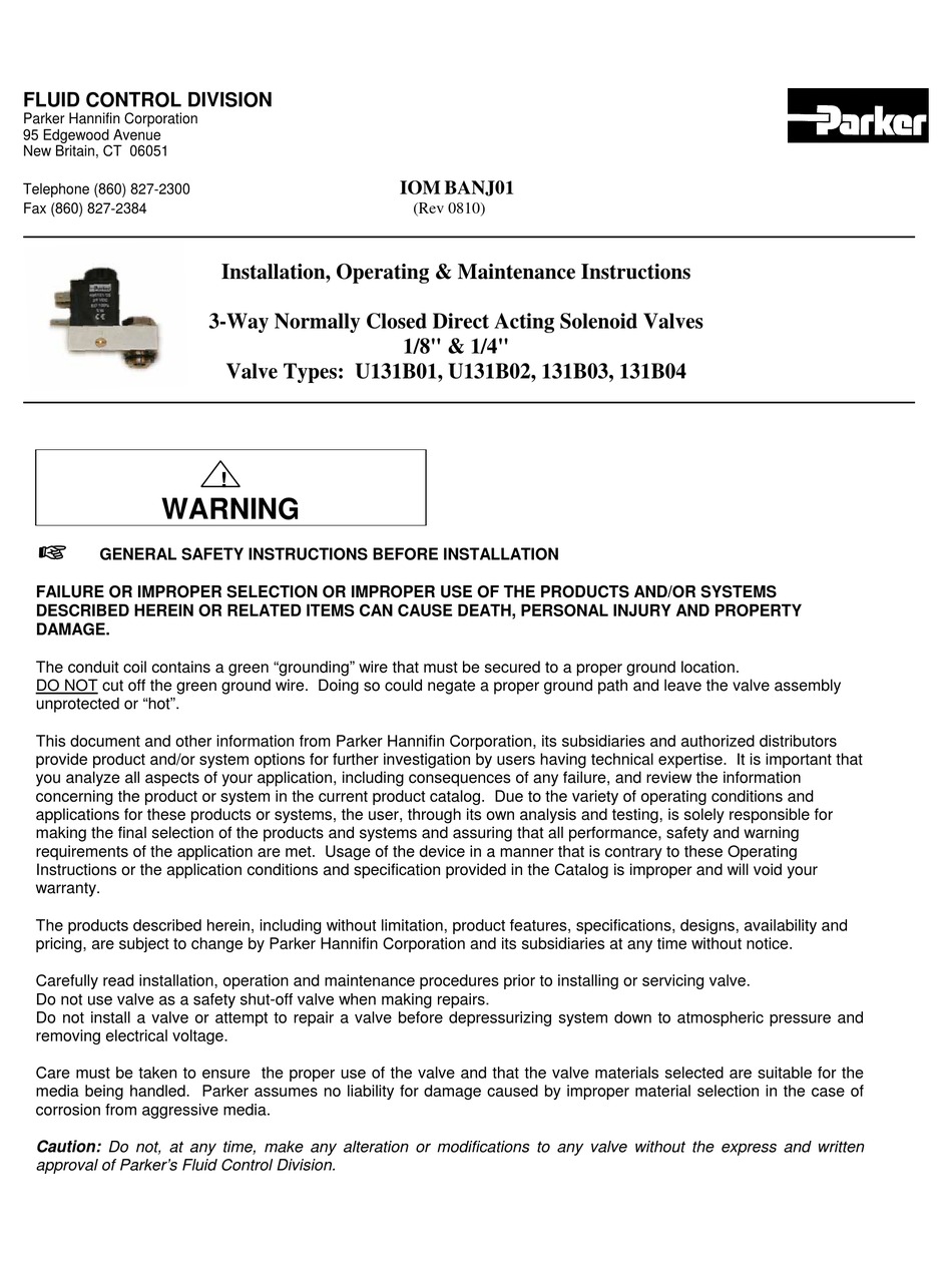 PARKER U131B01 INSTALLATION, OPERATING, & MAINTENANCE INSTRUCTIONS Pdf