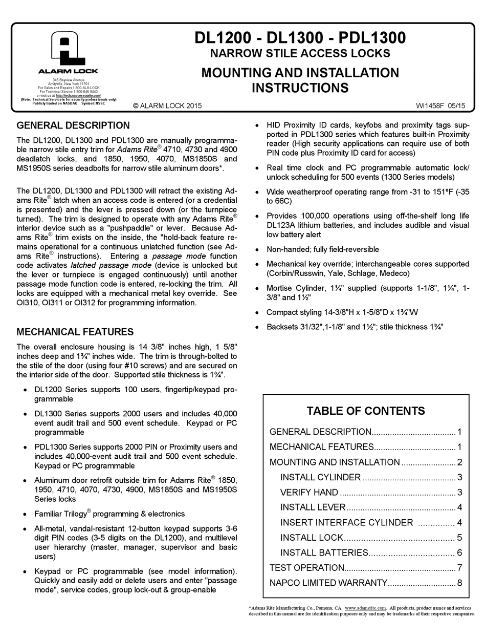 ALARM LOCK DL1200 MOUNTING AND INSTALLATION INSTRUCTIONS MANUAL Pdf