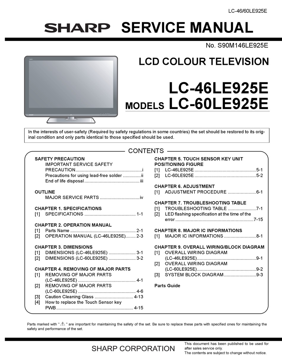 SHARP LC-46LE925E SERVICE MANUAL Pdf Download | ManualsLib