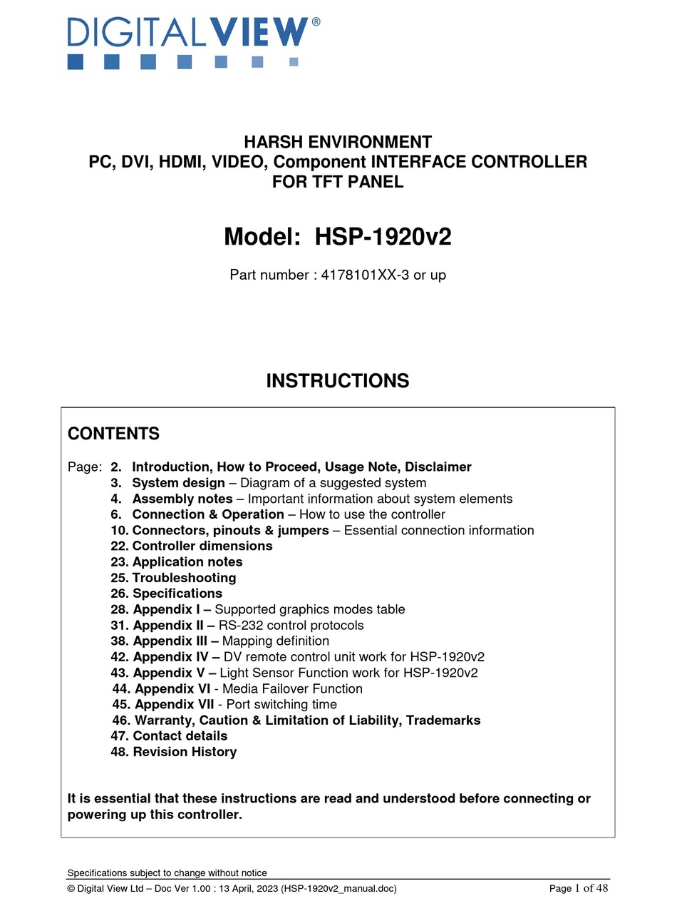 DIGITAL VIEW HSP1920V2 INSTRUCTIONS MANUAL Pdf Download ManualsLib