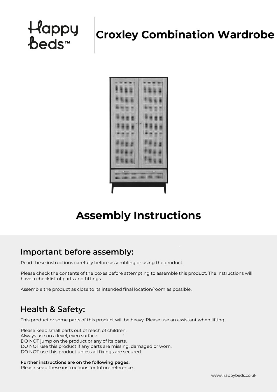 HAPPY BEDS CROXLEY COMBINATION WARDROBE ASSEMBLY INSTRUCTIONS MANUAL
