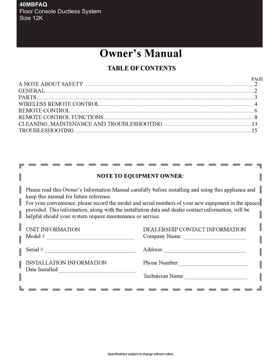 CARRIER 40MBFAQ OWNER'S MANUAL Pdf Download | ManualsLib