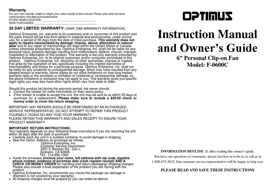 OPTIMUS F0600C INSTRUCTION MANUAL AND OWNER'S MANUAL Pdf Download