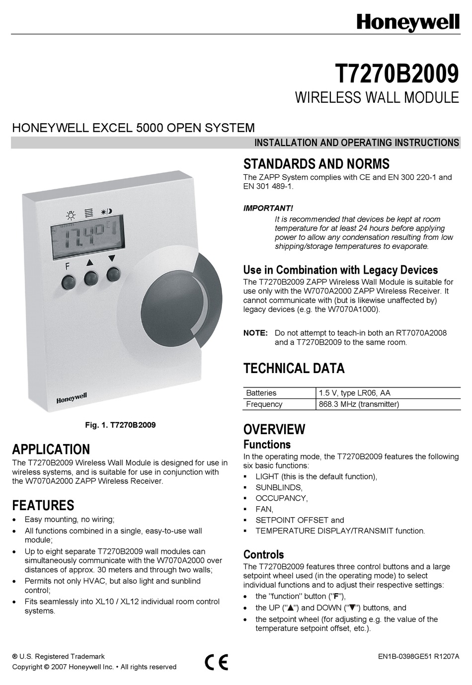 HONEYWELL T7270B2009 INSTALLATION AND OPERATING INSTRUCTIONS MANUAL Pdf ...