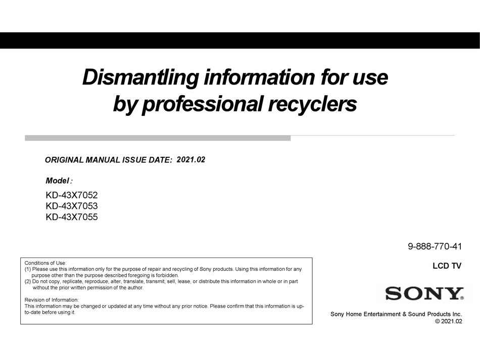 SONY KD-43X7052 DISMANTLING INFORMATION FOR USE Pdf Download | ManualsLib