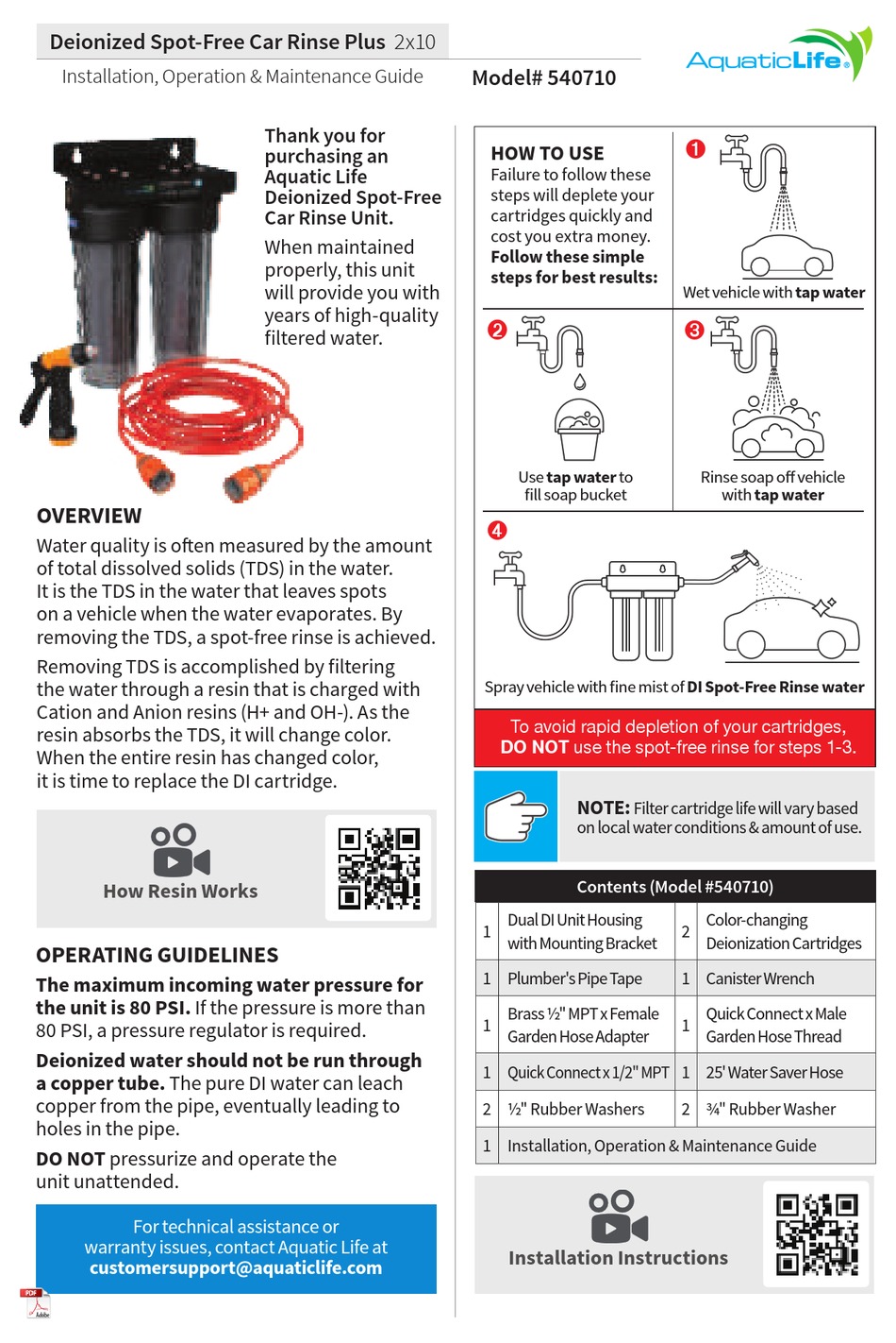 AQUATICLIFE DEIONIZED SPOTFREE CAR RINSE PLUS INSTALLATION, OPERATION
