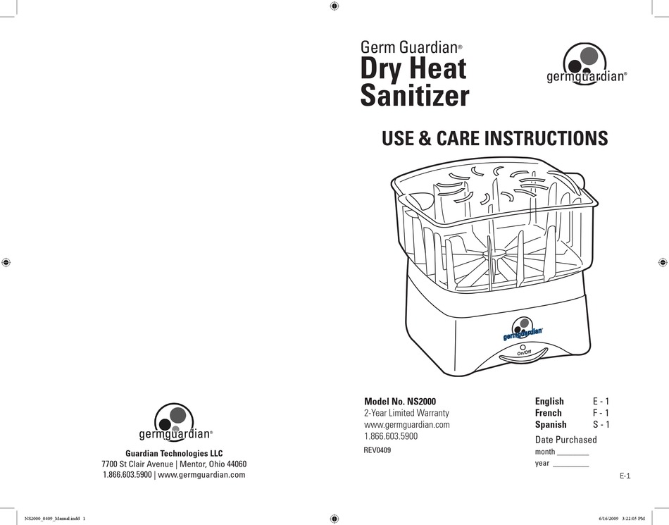 GERM GUARDIAN NS2000 USE & CARE INSTRUCTIONS MANUAL Pdf Download