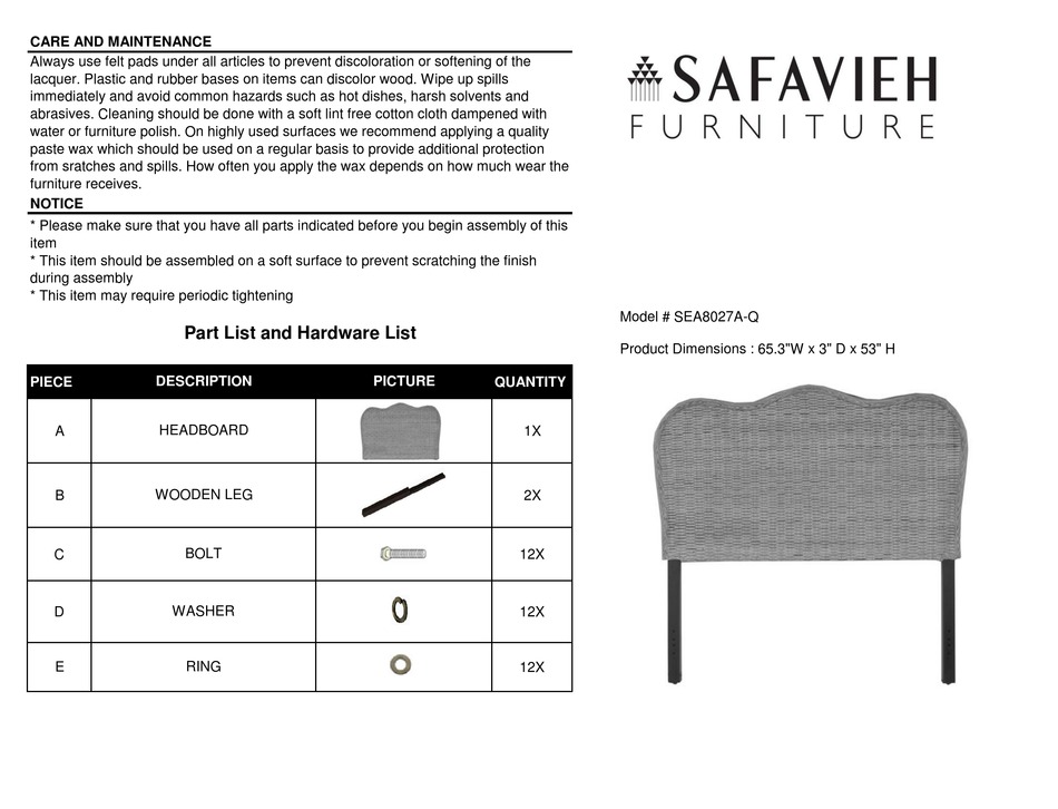 SAFAVIEH FURNITURE SEA8027AQ ASSEMBLY INSTRUCTIONS Pdf Download