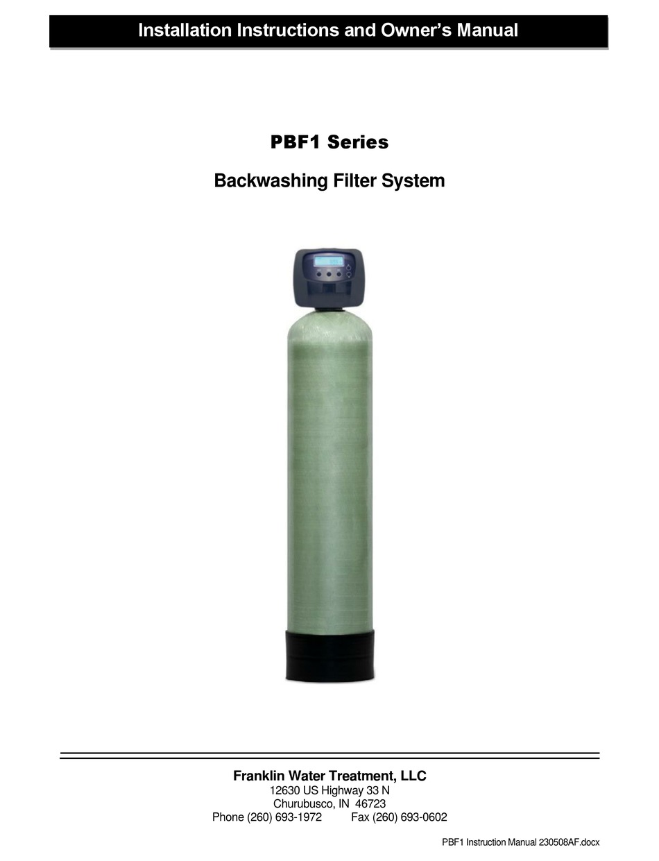 FRANKLIN WATER TREATMENT PBF1 SERIES INSTALLATION INSTRUCTIONS AND