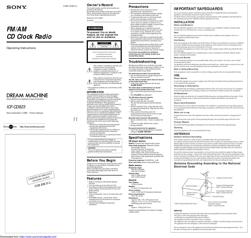 SONY DREAM MACHINE ICFCD823 OPERATING INSTRUCTIONS Pdf Download