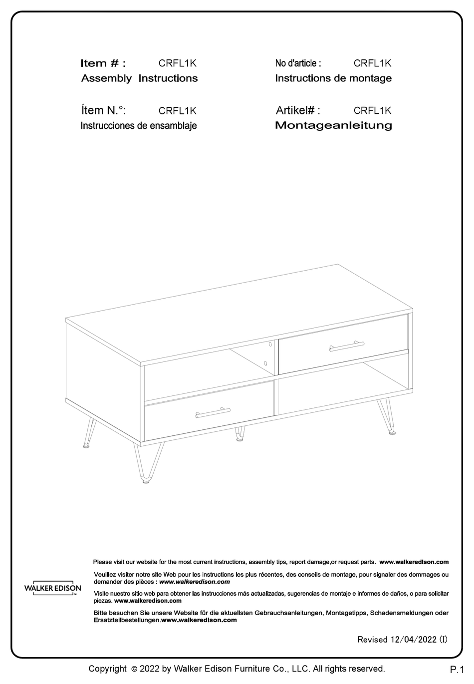 WALKER EDISON CRFL1K ASSEMBLY INSTRUCTIONS MANUAL Pdf Download ManualsLib