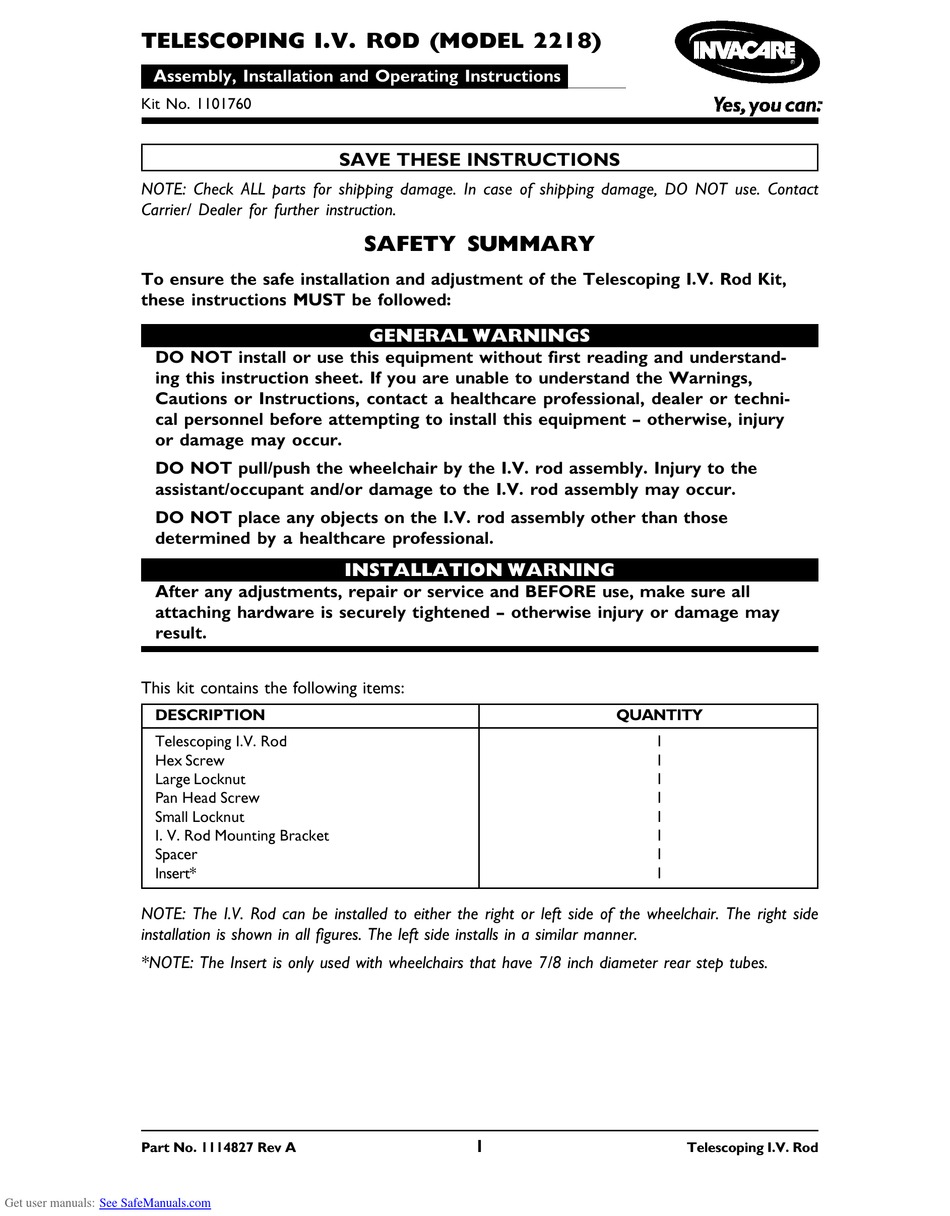 INVACARE 2218 ASSEMBLY, INSTALLATION AND OPERATING INSTRUCTIONS Pdf