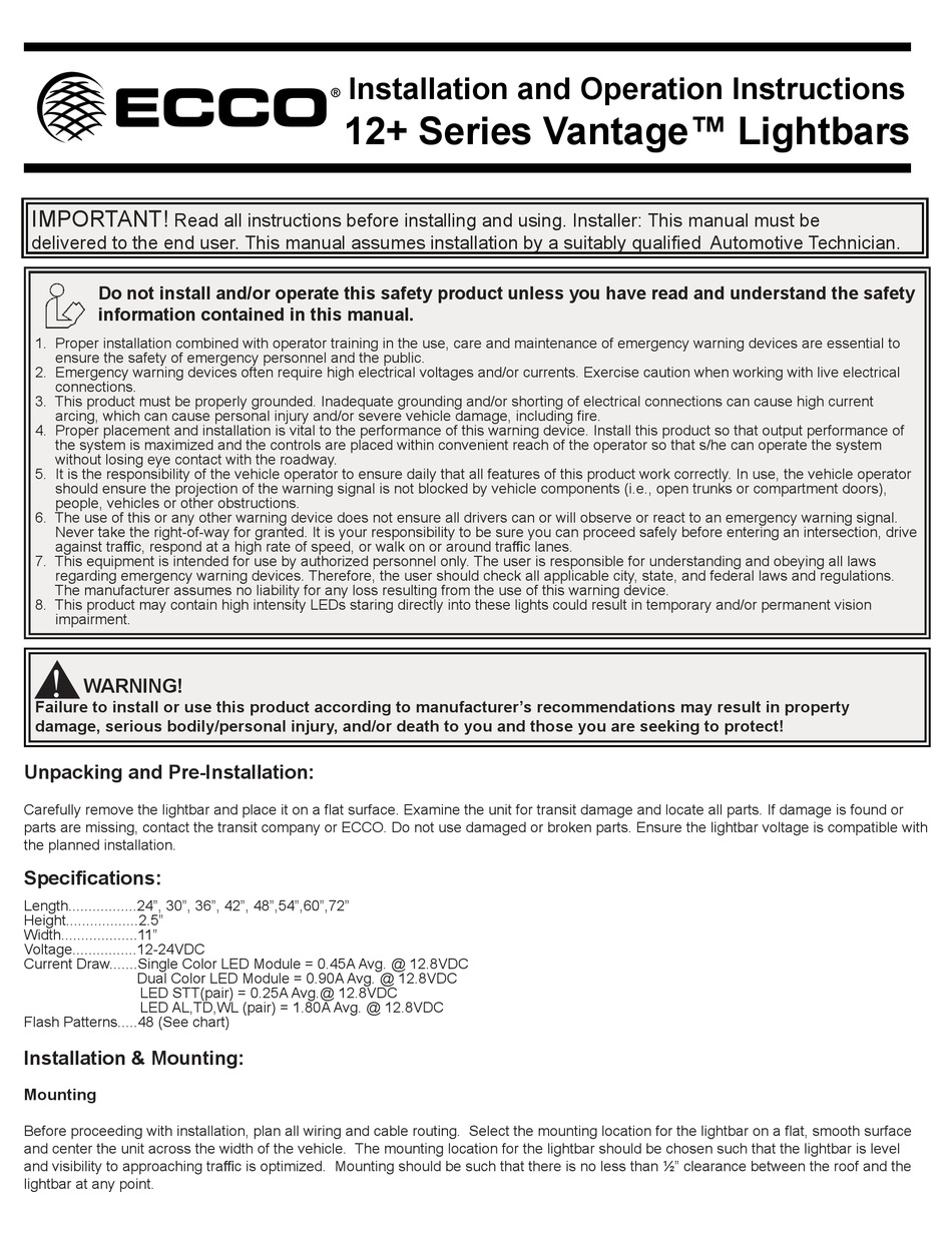 ECCO VANTAGE 12+ SERIES INSTALLATION & OPERATION INSTRUCTIONS Pdf ...