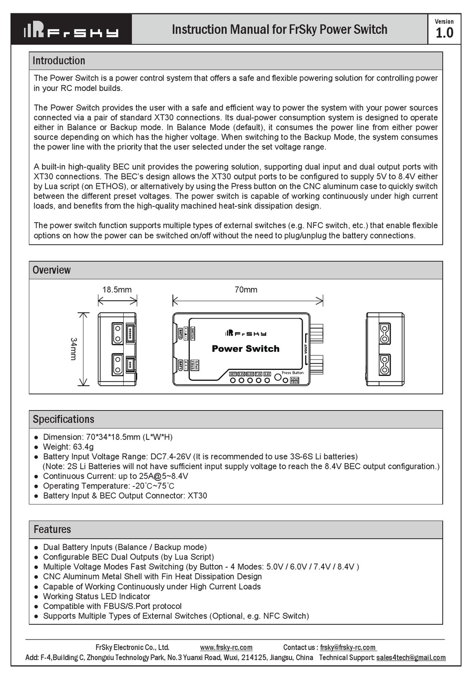 FRSKY POWER SWITCH INSTRUCTION MANUAL Pdf Download | ManualsLib