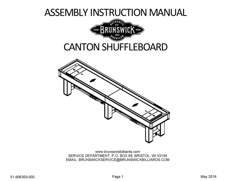 BRUNSWICK CANTON SHUFFLEBOARD ASSEMBLY & INSTRUCTION MANUAL Pdf