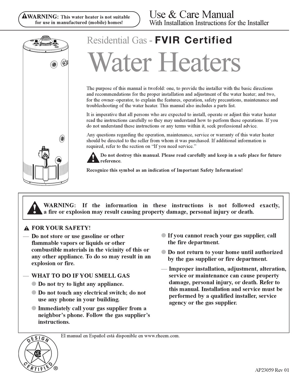 RHEEM PRO+G4860N RH60 USE & CARE MANUAL Pdf Download ManualsLib