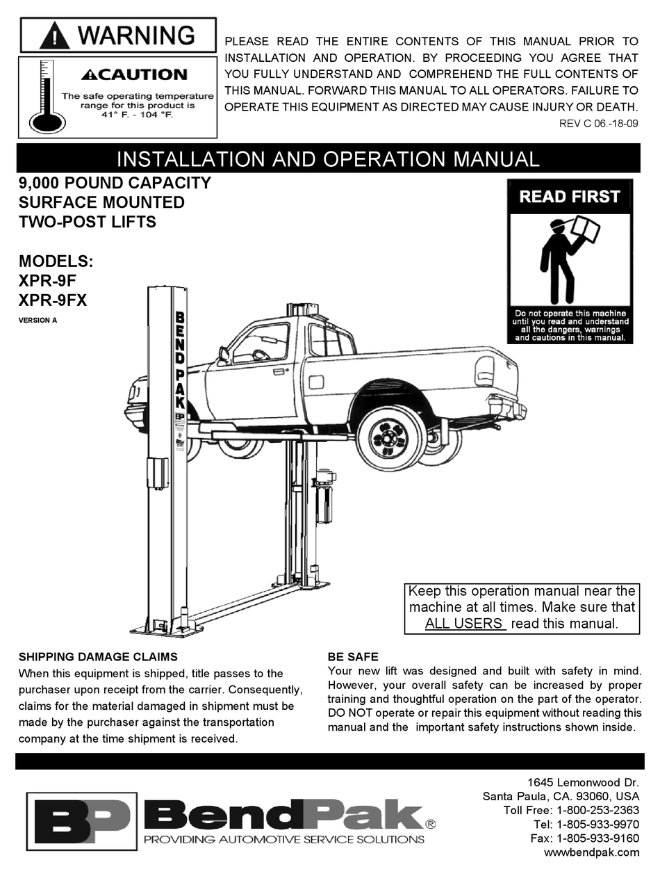 BENDPAK XPR9F MANUAL Pdf Download ManualsLib