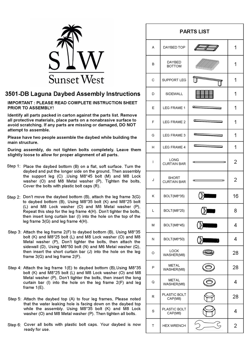 SUNSET WEST LAGUNA 3501DB ASSEMBLY INSTRUCTIONS Pdf Download ManualsLib