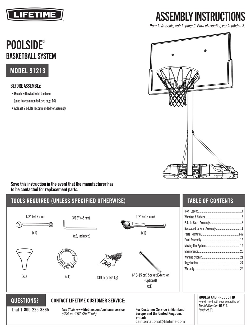 LIFETIME POOLSIDE 91213 ASSEMBLY INSTRUCTIONS MANUAL Pdf Download