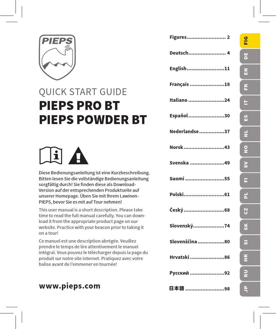 Pieps Pro Bt Quick Start Manual Pdf Download Manualslib