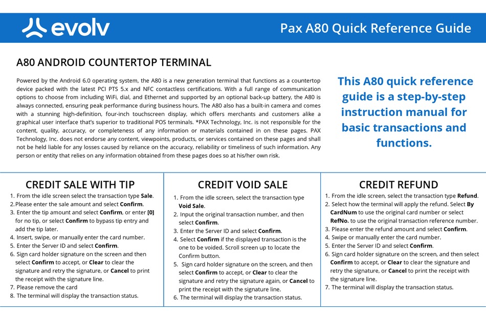 PAX A80 QUICK REFERENCE MANUAL Pdf Download ManualsLib