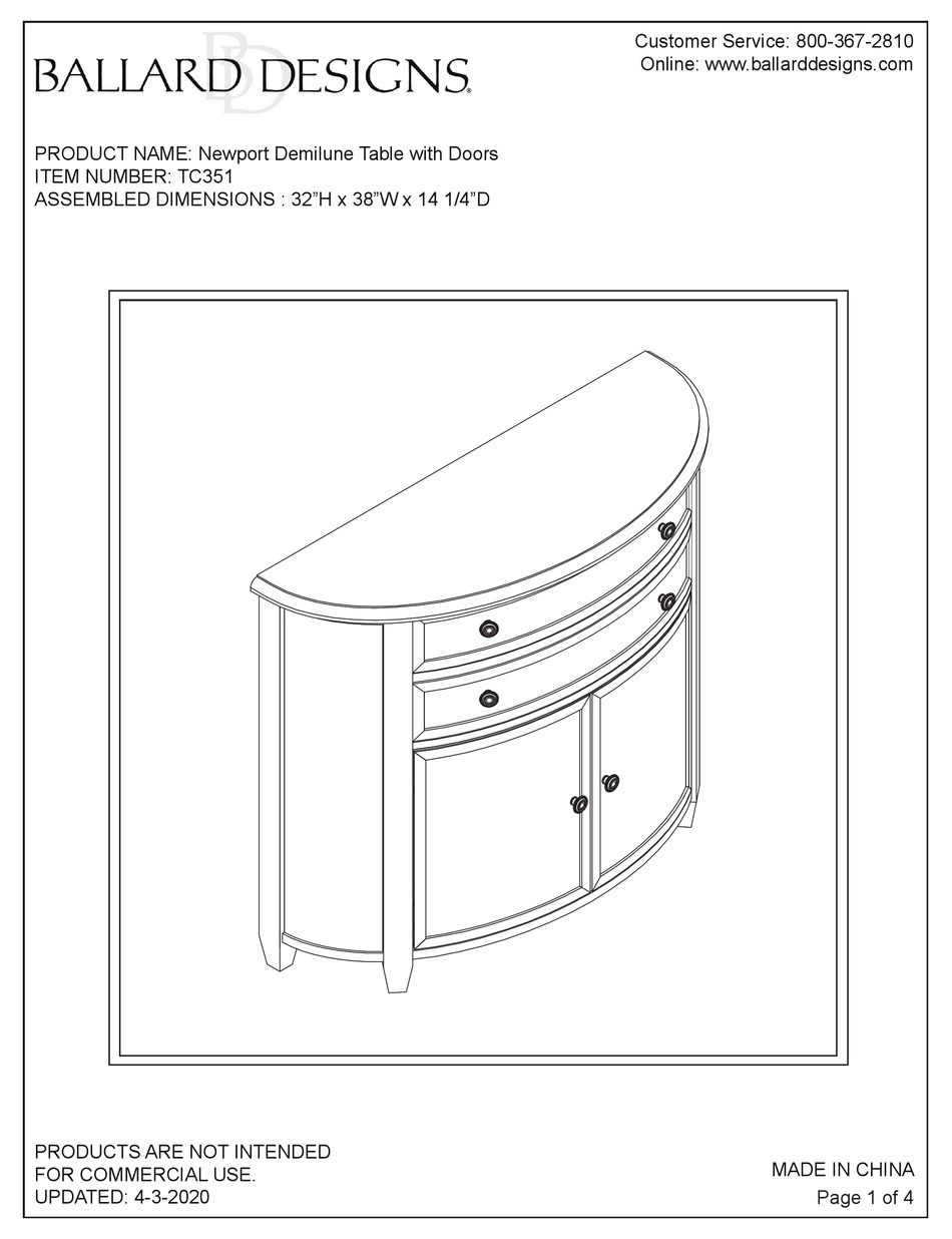 BALLARD DESIGNS NEWPORT DEMILUNE TC351 QUICK START MANUAL Pdf Download