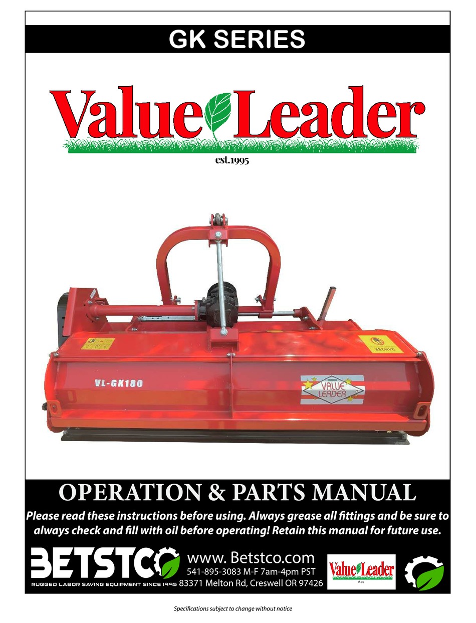 Betstco Value Leader Gk Series Operations Parts Manual Pdf Download