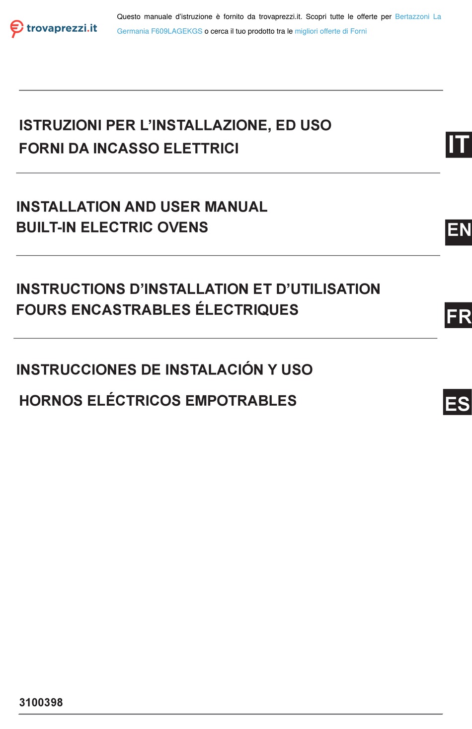 BERTAZZONI LA GERMANIA F609LAGEKGS INSTALLATION AND USER MANUAL Pdf ...