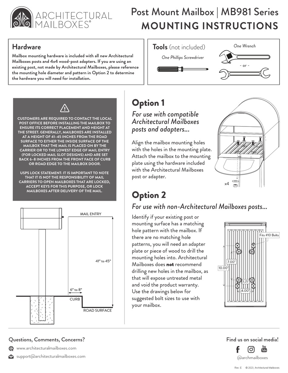 ARCHITECTURAL MAILBOXES MB981 SERIES MOUNTING INSTRUCTIONS Pdf Download