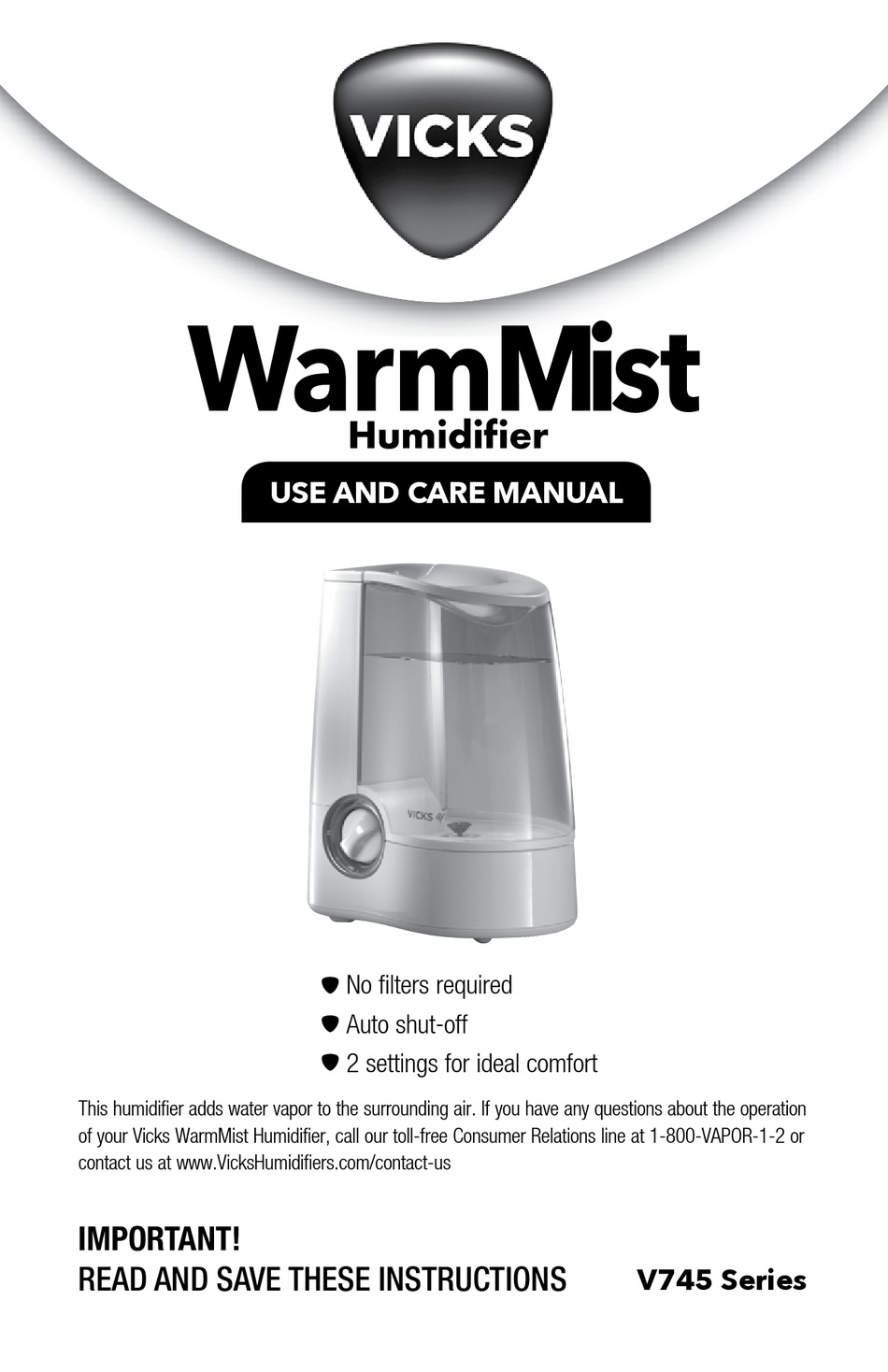 VICKS WARMMIST V745 SERIES USE AND CARE MANUAL Pdf Download ManualsLib