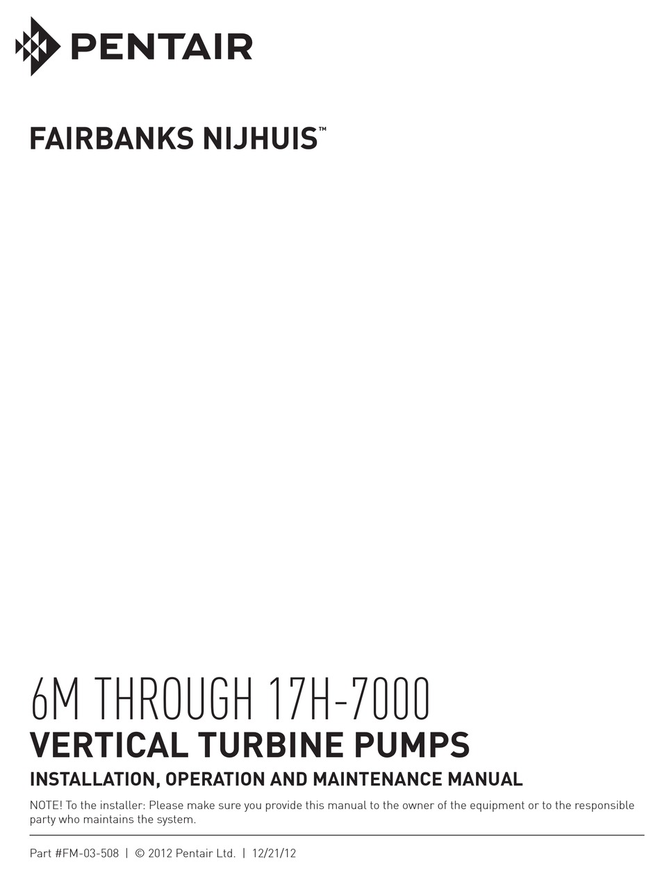 PENTAIR FAIRBANKS NIJHUIS SERIES INSTALLATION, OPERATION AND