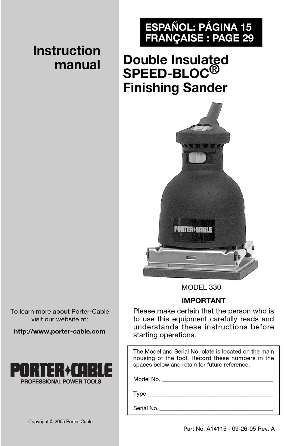 PORTERCABLE SPEEDBLOC 330 INSTRUCTION MANUAL Pdf Download ManualsLib